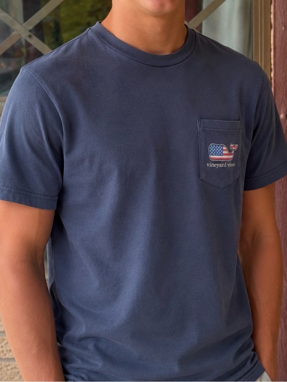 Vineyard Vines Boys Size L (16) Pocket Tee Blue Gray American Flag Whale Logo